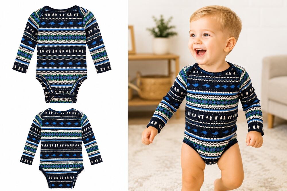 Old Navy Baby Boys Fair Isle Dinosaur Long Sleeve Bodysuit – Size 6-12 Months